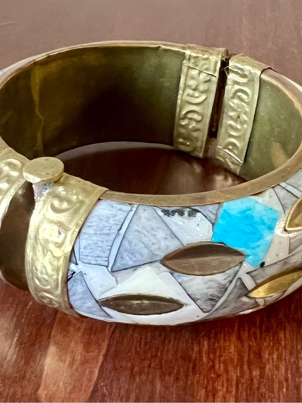 Vintage Brass Mosaic Inlay Bangle India Boho